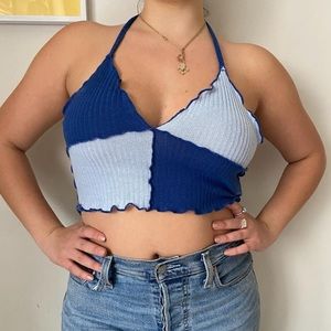 Blue two-toned halter crop top